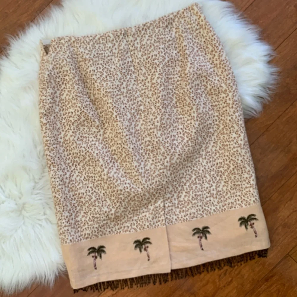 Silk Club Linen Leopard Pencil Skirt with Palm Tree Border and Beaded Hem